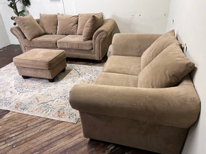 FREE DELIVERY! 🚚 - Light Brown Suede Couch, Loveseat, & Ottoman Set