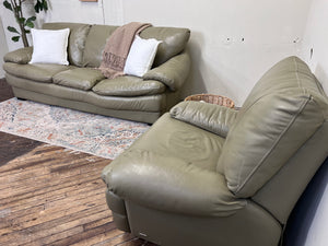 FREE DELIVERY! 🚚 - Natuzzi Genuine Italian Leather Olive Green 3 Seater Couch & Recliner Rocker Chair Set