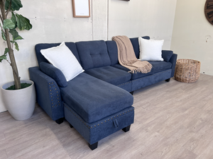 FREE DELIVERY! 🚚 - Blue Modern Tufted Studded Sectional Couch with Reversible Storage Chaise